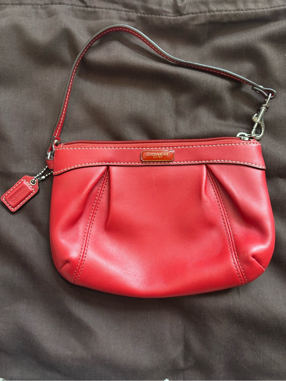 Coach Red Leather Pleated Wristlet Pouch Silver Hardware